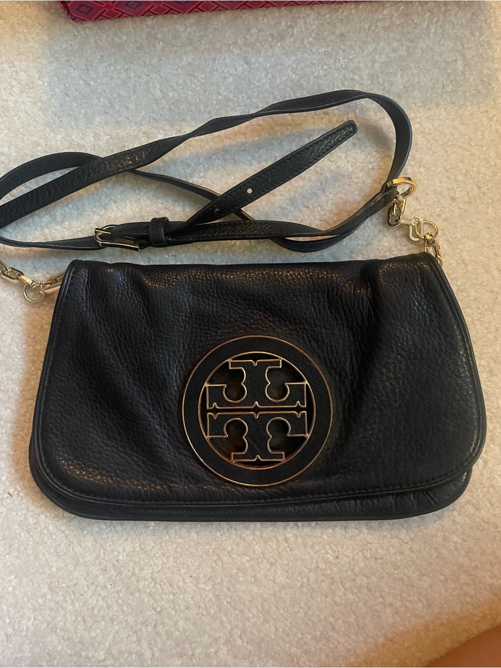 Tory Burch Black Leather Crossbody with Gold Logo Accent